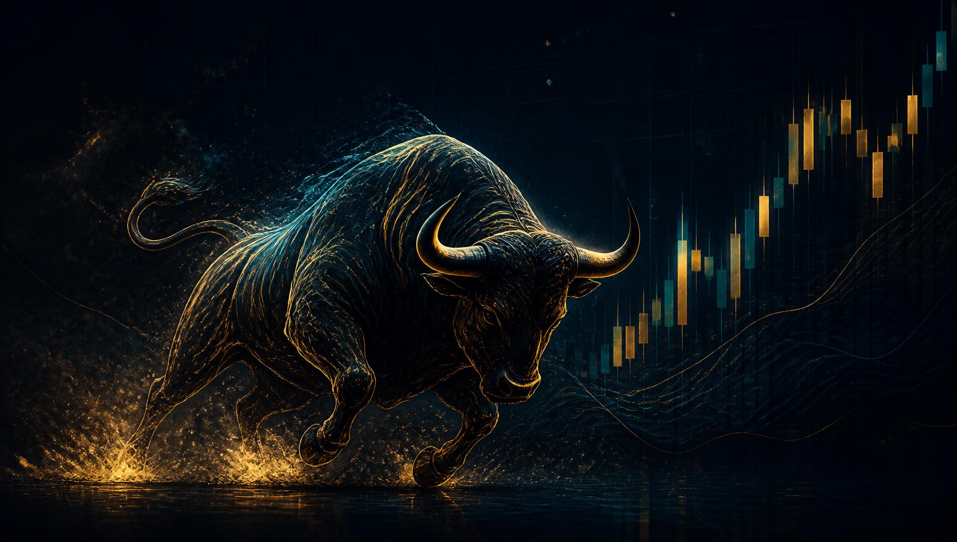 Charging bull with a rising candlestick chart